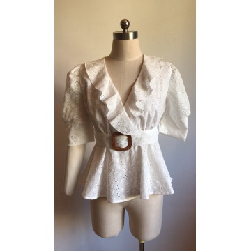 Office Ladies Sweet with Ruffle Cotton Embroidery Blouse