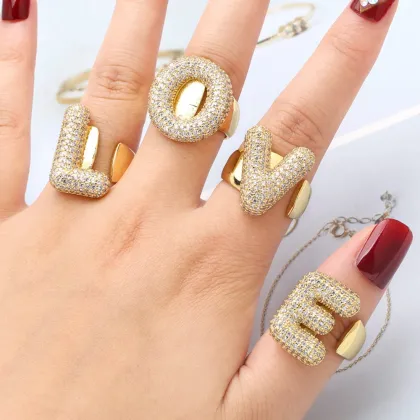 Copper Micro-Inlaid 26 English Letter Ring: Zircon Gold-Plated Open Ring for Women