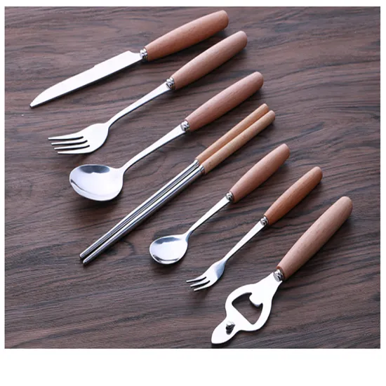 Stainless Steel Wooden Handle Tableware Portable Suit