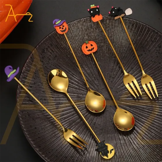 Custom Luxury Halloween Tableware Set: Matte Finish, Cute Patterns, Dinner Forks, Knives, Coffee Stirring Spoons, Gold Stainless Steel Cutlery