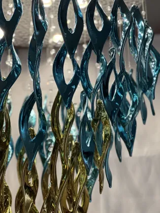 Mission Style Blue and Gold Stained Glass Chandelier