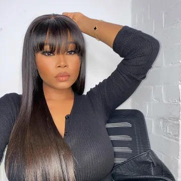 Wig with Bangs Straight Human Hair Wigs Machine Made For Black Women Brazilian fringe 30 inch wig Short natural Hair Pre Plucked