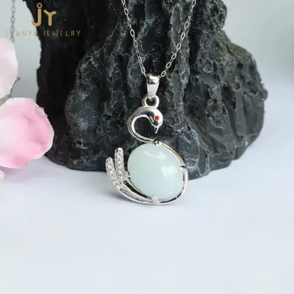 Wholesale Natural Stone Swans 925 Silver Pendant Jewelry Myanmar Jadeite Pendant Necklace