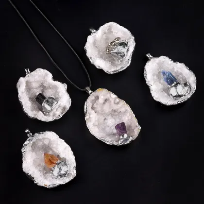 Black Tourmaline Bud Silver Druzy Crystal Cave Pendant Necklace 45CM Black Cord