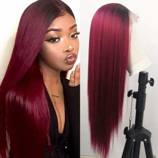 FZY Wholesale Price Good Omens Cosplay Black roots ombre Burgundy color sik straight Synthetic hair Wigs with lace front  Vendor