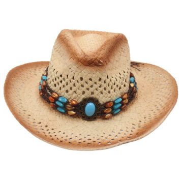 Summer Straw Cowboy Hats for Men and Women with Beaded Trim