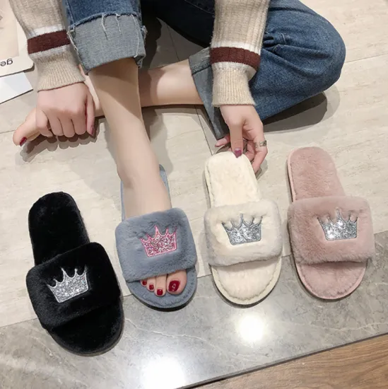 Wholesale Factory Women's Furry Mink Fur Slippers: Princess Queen Crown Slide Open Toe Slippers