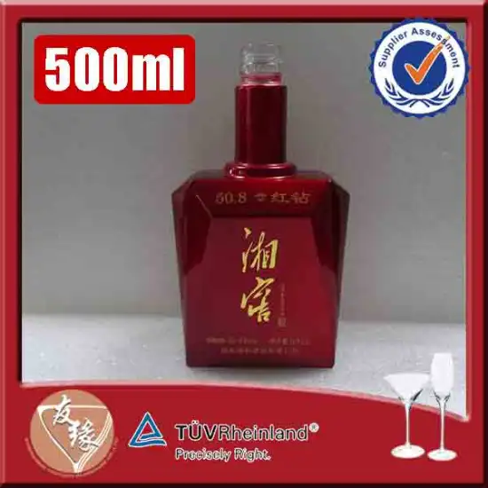 unique shaped 500ml red color empty alcohol glass bottle