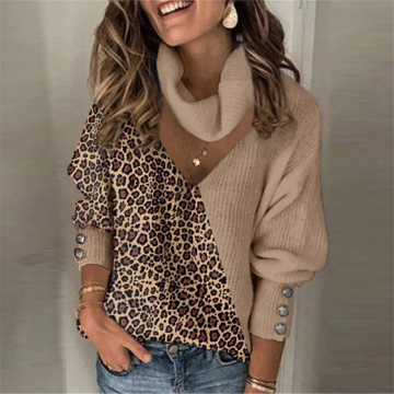 Woman Sweaters Knitted Leopard Patchwork Turtleneck Sweaters Pullover Spring Button Long Lantern Sleeve Loose Women Sweaters