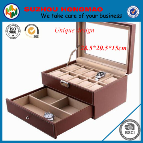 Free design men/ women custom logo brown glass leather watch jewelry box case