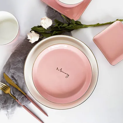 HOT products  matte pink ceramics dinnerware porcelain ceramic tableware with gold rim  Dinnerware+Sets