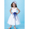 Ball Gown Round Neck Tea-length Satin Tulle Flower Girl Dress