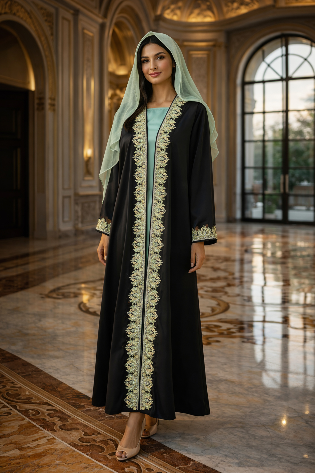 black green beaded abaya set with coordinated scarf