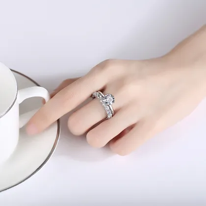 925 Sterling Silver Moissanite Diamond Engagement & Eternity Ring with Silver Lab Diamond