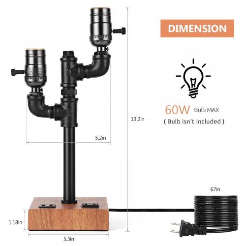 Table Lamp 2 Heads Steampunk Desk Lamp with Wood Base Factory