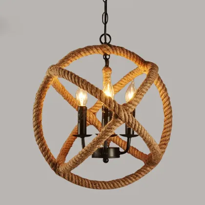 Hemp Rope Chandelier with Vintage Globe Iron Chain