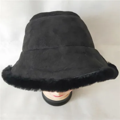 Women's Shearling Sheepskin Hat Winter Fur Bucket Beanie Hat