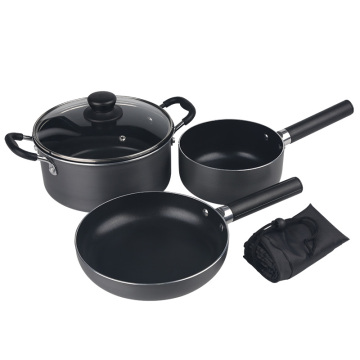 Hard Anodized Factory Camping Cookware Set with Glass Cover - Portable Outdoor Hiking Cookset in Black Aluminum from ZHEJIANG