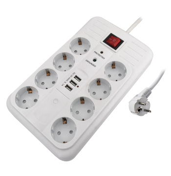 Multi-socket Schuko 16A 8-Way Power Strip με ασφάλεια παιδιών, προστασία υπερτάσεων, φωτεινό διακόπτη on/off και 3 θύρες USB (5V 3.1A)