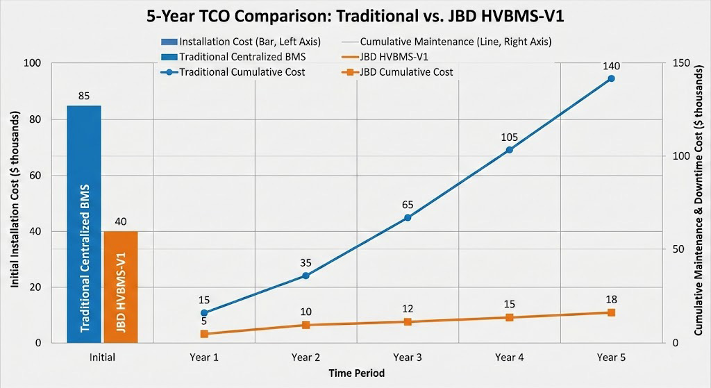 Dual-axis chart comparing initial installation and 5-year maintenance costs. JBD HVBMS-V1 reduces setup costs by over 50% and minimizes long-term downtime compared to traditional centralized battery management systems.