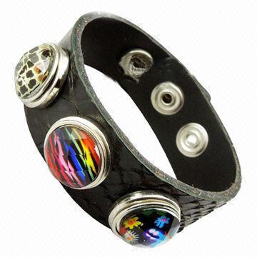Charming Black Wide with Rhinestone Button Design PU Leather Bracelets, OEM/ODM Orders are Welcome