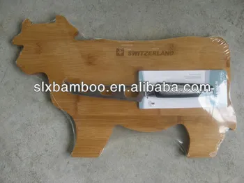 Cow shaped bamboo cheese board with knife
