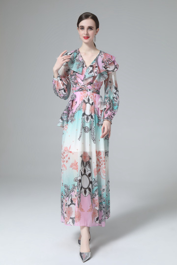 Autumn Balloon Sleeve Ruffled Floral Printed Chiffon Dress