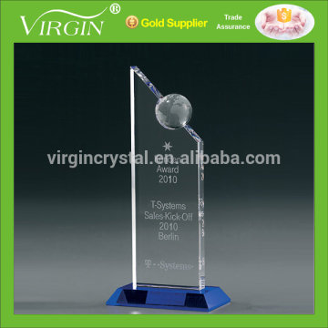 Custom logo style crystal world globe pinnacle award with blue base