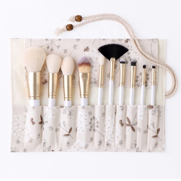 Conjunto de cepillos de maquillaje de 10 pcs con asas de madera y diseño de libélula floral