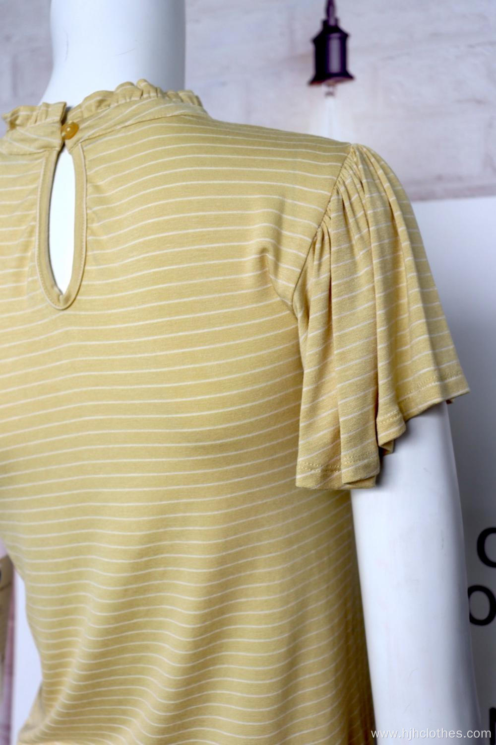 Yellow Blouse With Round Neck And Horizontal Stripes