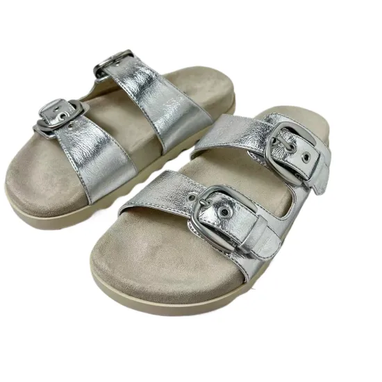 Famous Women's 2024 Summer Slippers: Silver Flat, Large Size 42, Round to Open Toe Designer Shoes