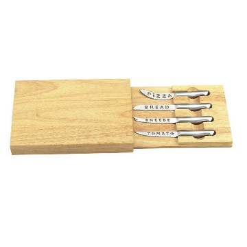 stainless steel cheese knife set in wooden block