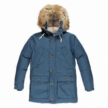 Blue Men's Winter Jackets, Solid Color Jacket, Insert Contrast Cuts, 70% Cotton and 30% Nylon Fabric