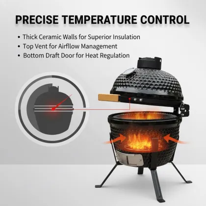 GFTOP Ceramic BBQ Charcoal Kamado Grill with Thermometer