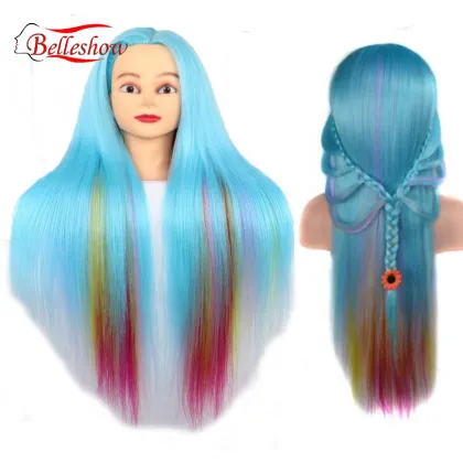 Hot sell Wholesale Afro Silky Straight Training Manikin Head With Hair Synthetic Doll Head  Rainbow Training Mannequin Head