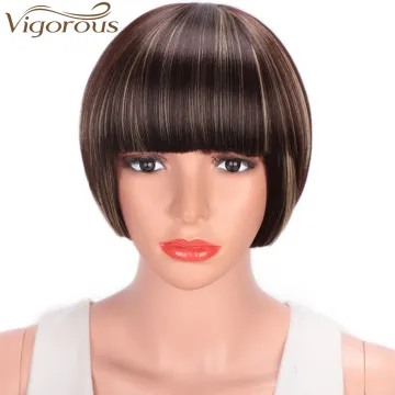 Vigorous Hair Short Straight Hair Bob Wig with Flat Bangs Heat Resistant Synthetic Daily Party Cosplay Wigs for Women