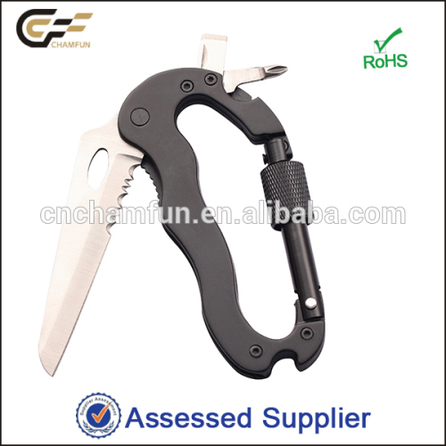 Multifunction stainless steel carabiner knife with can opener, phillip screwdriver