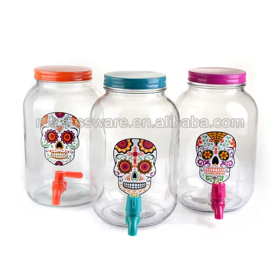 New Style Skull Decal Glass Dispenser With Metal Lid and Plastic Tap