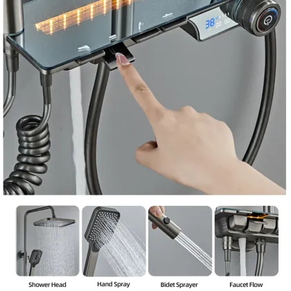 Water Gray Plating Brass Digital Display Constant Temperature Shower Set