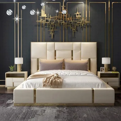 Luxury Leather Double Bed with Comfortable Bedding Set
