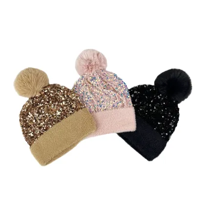 Wholesale High Quality Big Fake Fur Shiny Pom Pom Beanie Hat
