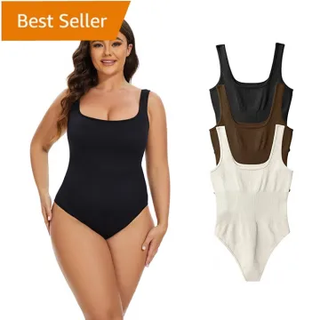 Women's Sexy Ribbed Sleeveless Square Neck Jumpsuit with Tummy Control Shapewear Bodysuit