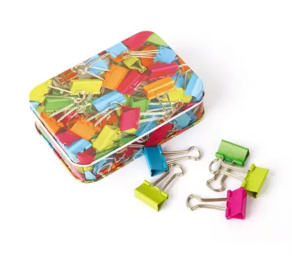 Binder clips in a tin box