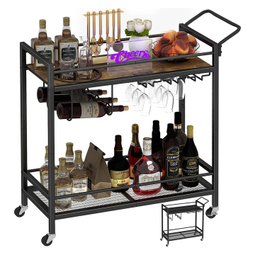 Mobile Drink Beverage Cart with Two-Color Top Shelf Rolling Kitchen Cart with Wine and Glass Holders