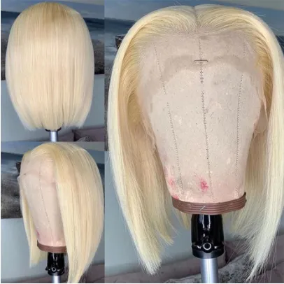 top quality  Short Straight Blonde 4x4 Closure Lace Front Wigs For Black Women 613 Cuticle Aligned Human Hair Wig 613 BOb Wigs