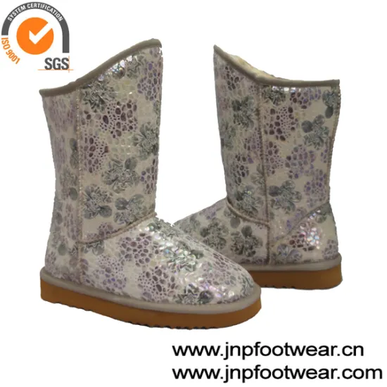 Flower pattern leather furry lined warm snow girls boots for winter