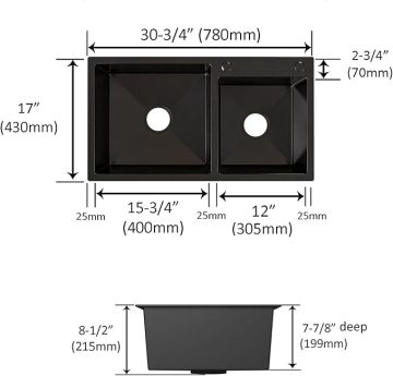 Double Bowl Black Stainless Steel Drop-in Kitchen Sink with Nano Finish and Built-in Ledge - Factory Price