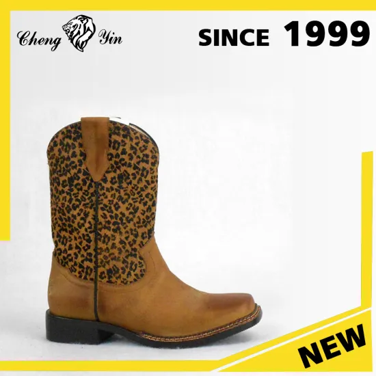 2017 Latest Comfortable Durable Soft Rubber Outsole Leopard Good Quality Genuine Leather Wholesale Kids Cowboy Boots for Outdoor