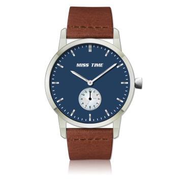 custom stainless steel back case leather men quartz watch