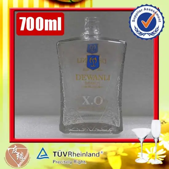 Alcohol packaging fashion custom print decaled embossing brandy glass bottle 700ml